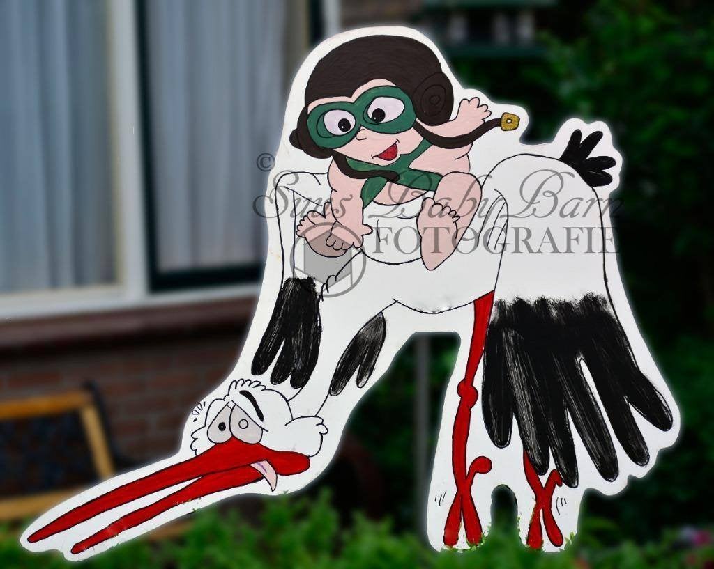 Geboortebord Grappige Ooievaar met Baby Vliegenier., Ophalen of Verzenden, Zo goed als nieuw, Geboortebord