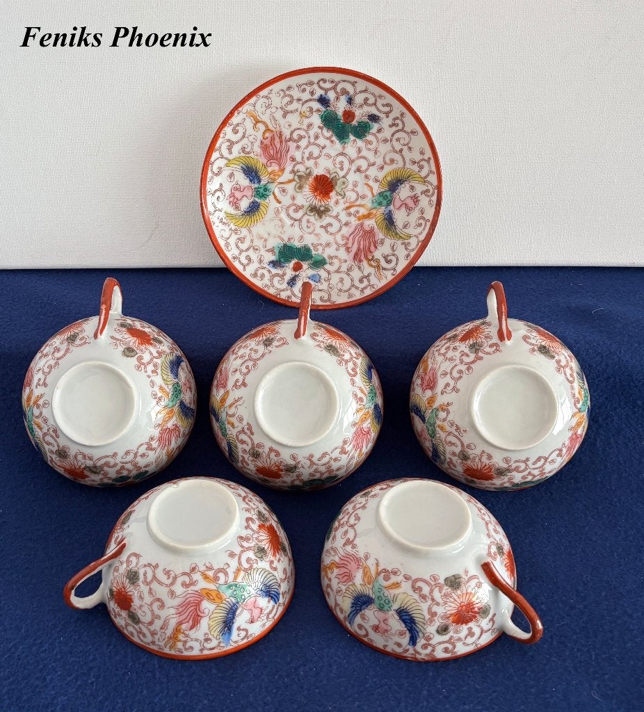 Oranje Phoenix 5 kopjes + 1 schotel Eierschaal Vintage, Ophalen