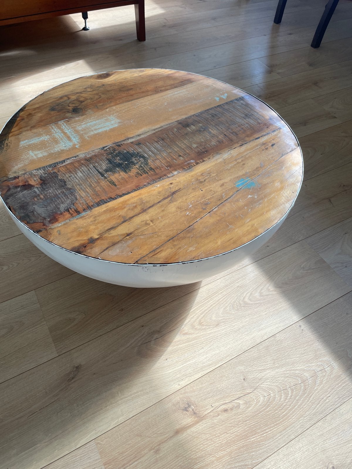Mooie design ronde salontafel met gerecycled houten blad, Ophalen, Gebruikt, Rond, 50 tot 100 cm