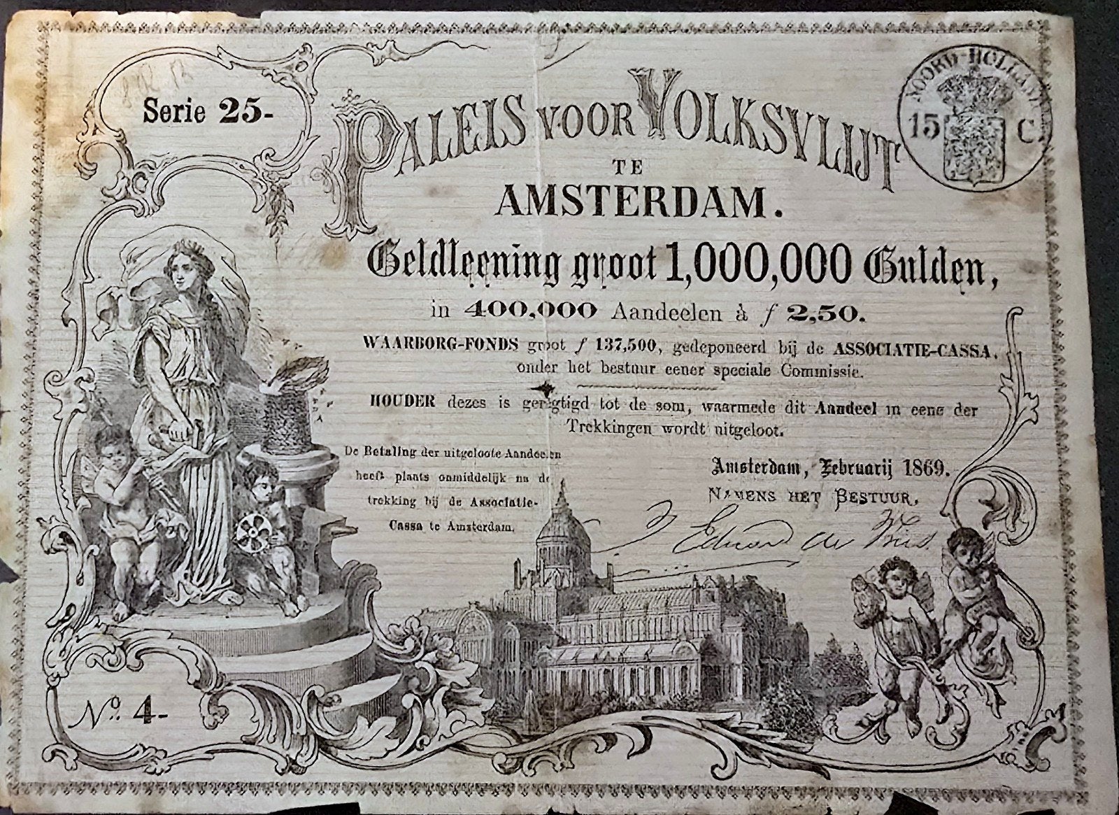 Oud aandeel Paleis voor Volksvlijt Amsterdam 1869, Ophalen of Verzenden