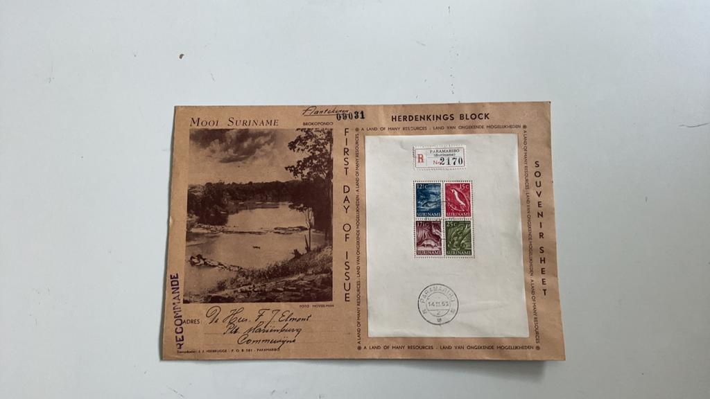 Suriname blok 1954 1e dag en aangetekend, Postzegels en Munten, Postzegels | Suriname, Ophalen of Verzenden