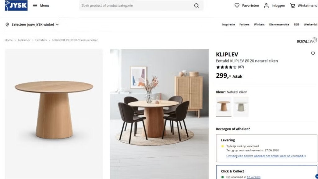 Ronde eettafel van de Jysk Kliplev Naturel eiken 120cm, Huis en Inrichting, Ophalen, Zo goed als nieuw, Scandinavische, Vier personen