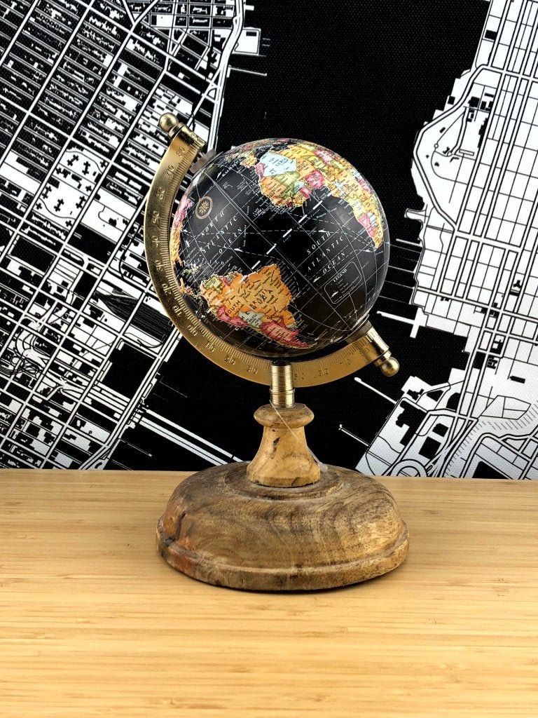 Vintage Wereldbol op Houten Voet Sfeervolle Blikvanger, 20 cm, Draaibaar, Overige typen, Nieuw