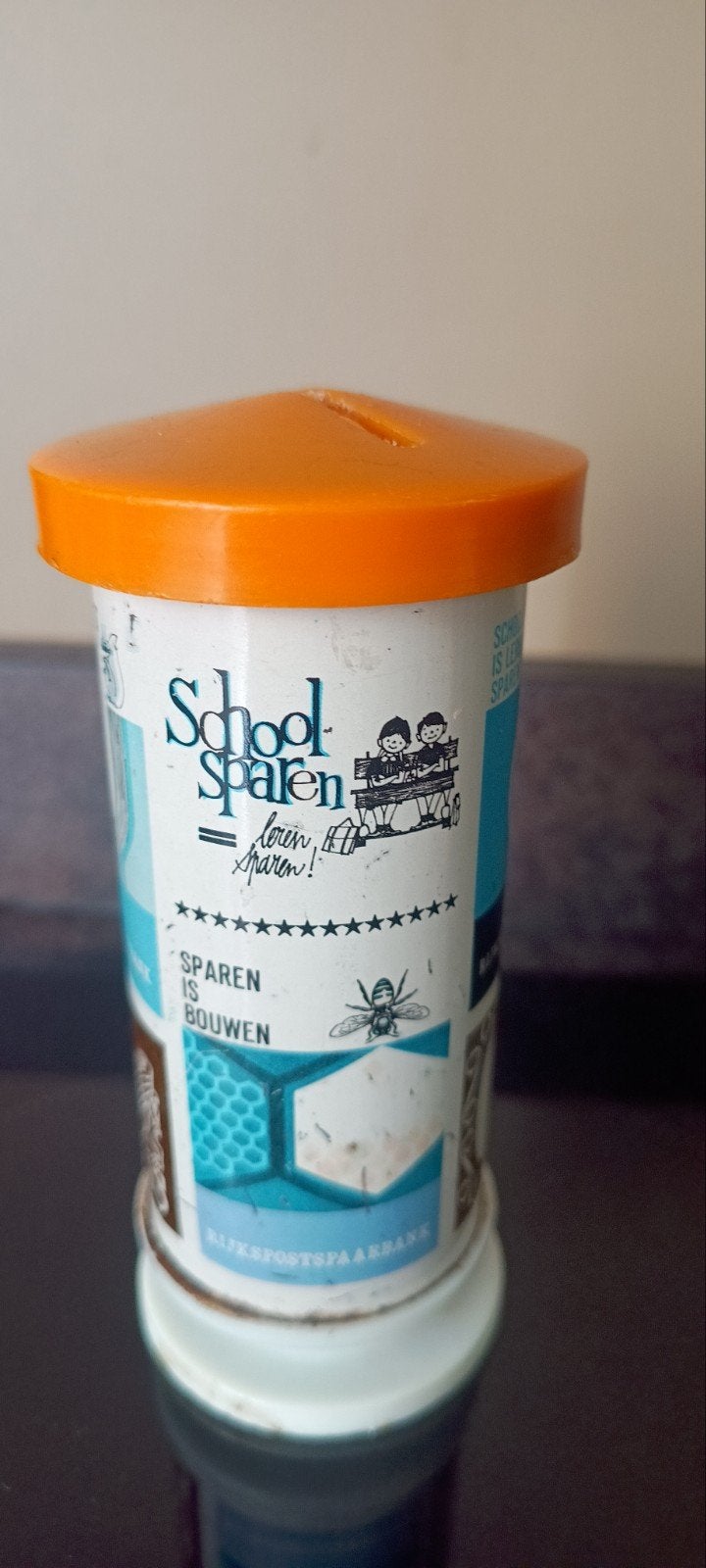 Vintage Schoolsparen spaarpot - Sparen is Bouwen, Ophalen of Verzenden, Gebruikt, Kunststof, Overige thema's