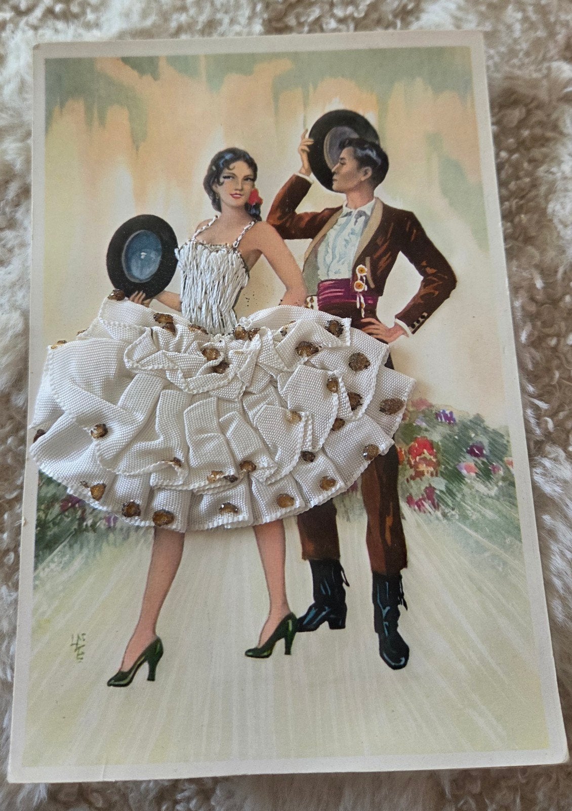 Vintage Spaanse dansers ansichtkaart met 3D-details, Verzenden, 1920 tot 1940, Ongelopen, Overige thema's