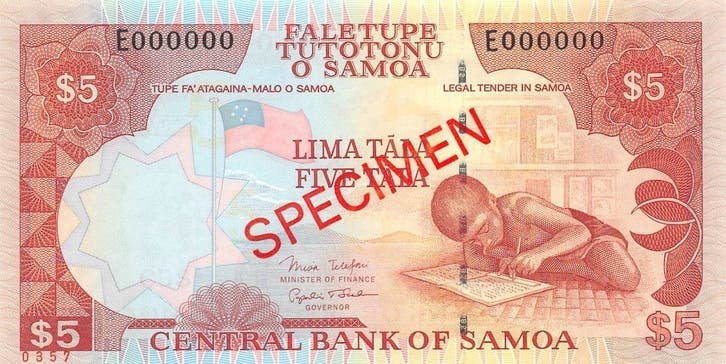 Samoa 5 Tala 2005 Unc Specimen Pn 33bs, Postzegels en Munten, Ophalen of Verzenden, Los biljet