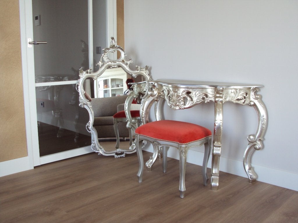 Kaptafel met spiegel en krukje oud zilver, Ophalen, Gebruikt, 100 tot 150 cm, 50 tot 100 cm