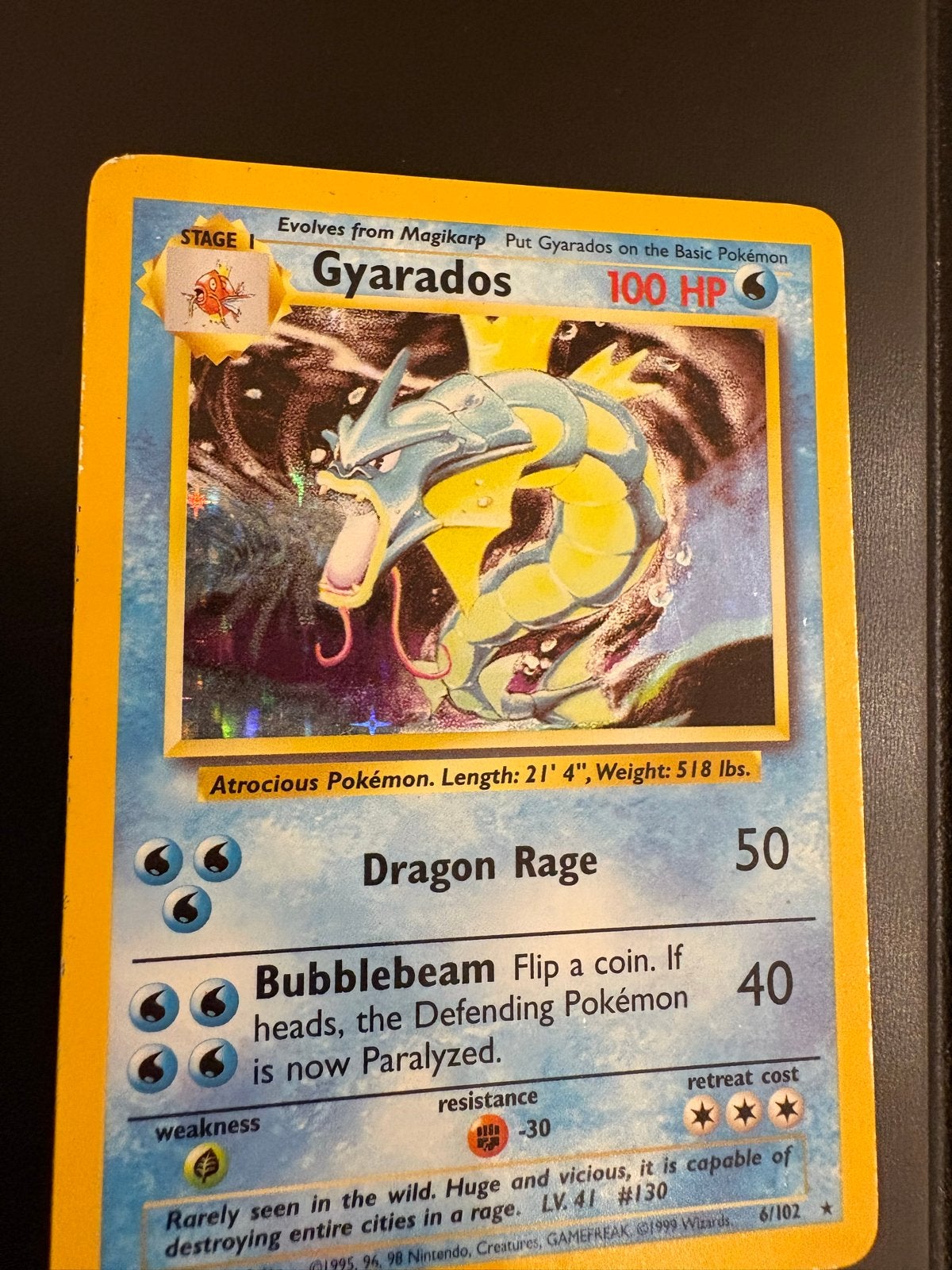 Gyarados Holo Pokémon Kaart - Base Set 6/102, Ophalen of Verzenden, Gebruikt, Losse kaart, Foil