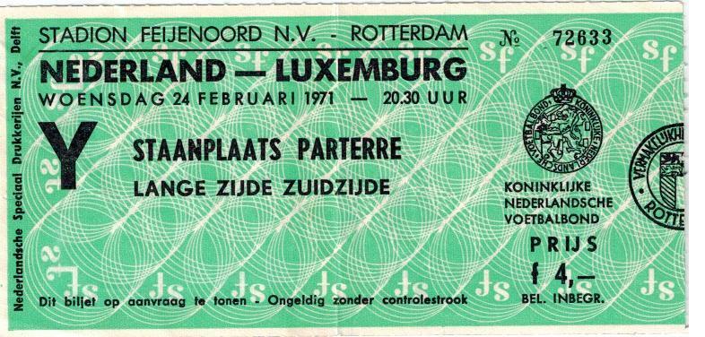 Toegangskaart Nederland - Luxenburg, 24 februari 1971, Ophalen of Verzenden, Gebruikt, Overige binnenlandse clubs, Overige typen