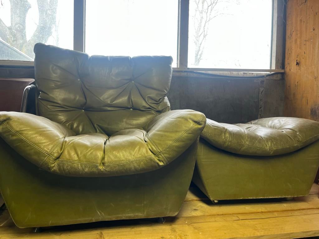 Hans Kaufeld voor de Sede groene leren fauteuil met hocker, Ophalen of Verzenden, Gebruikt, Groen