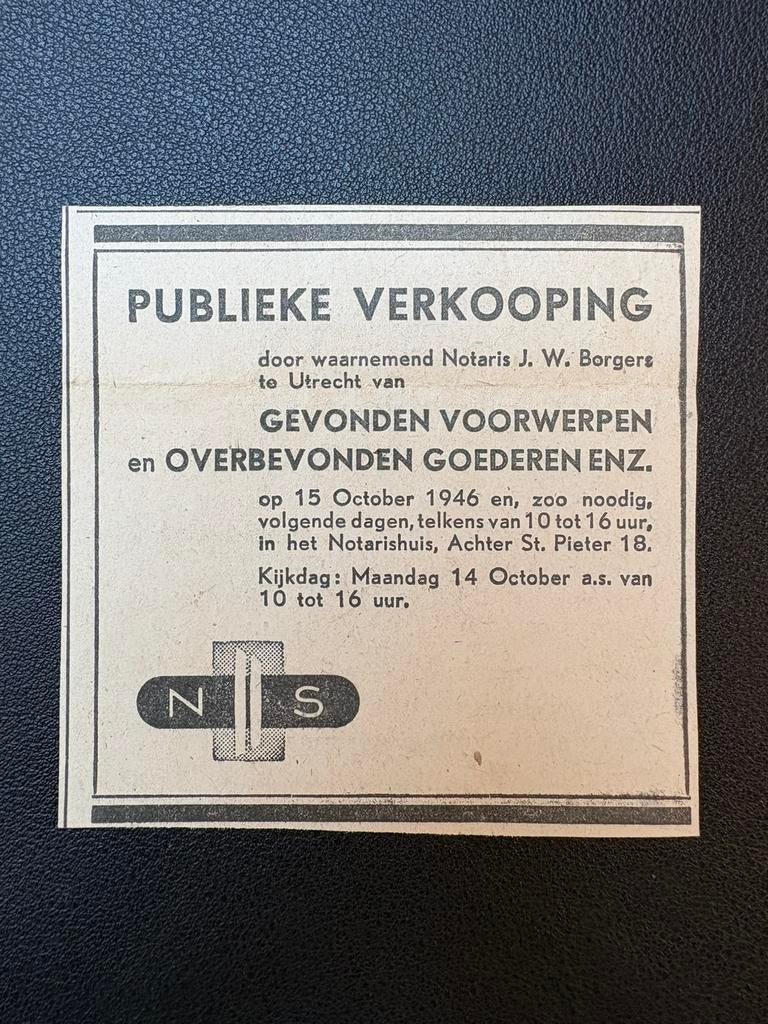 Oude advertentie NS ‘Publieke verkooping’ (1946), Verzamelen, Ophalen of Verzenden, Gebruikt, Trein