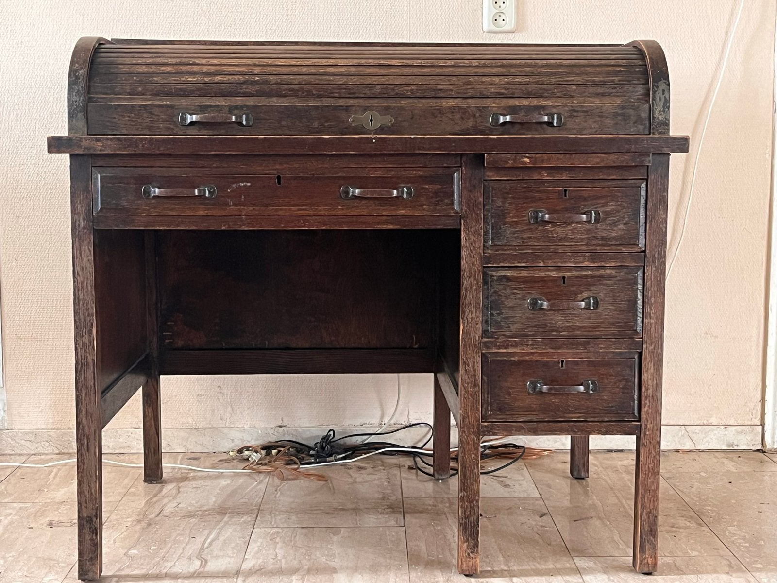 Antiek rolluikbureau van donker hout, Ophalen, Overige typen, Gebruikt, Antiek