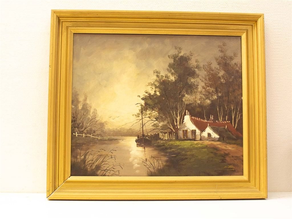 schilderij van een huis aan het water 33680, Ophalen of Verzenden, Gebruikt, Schilderij