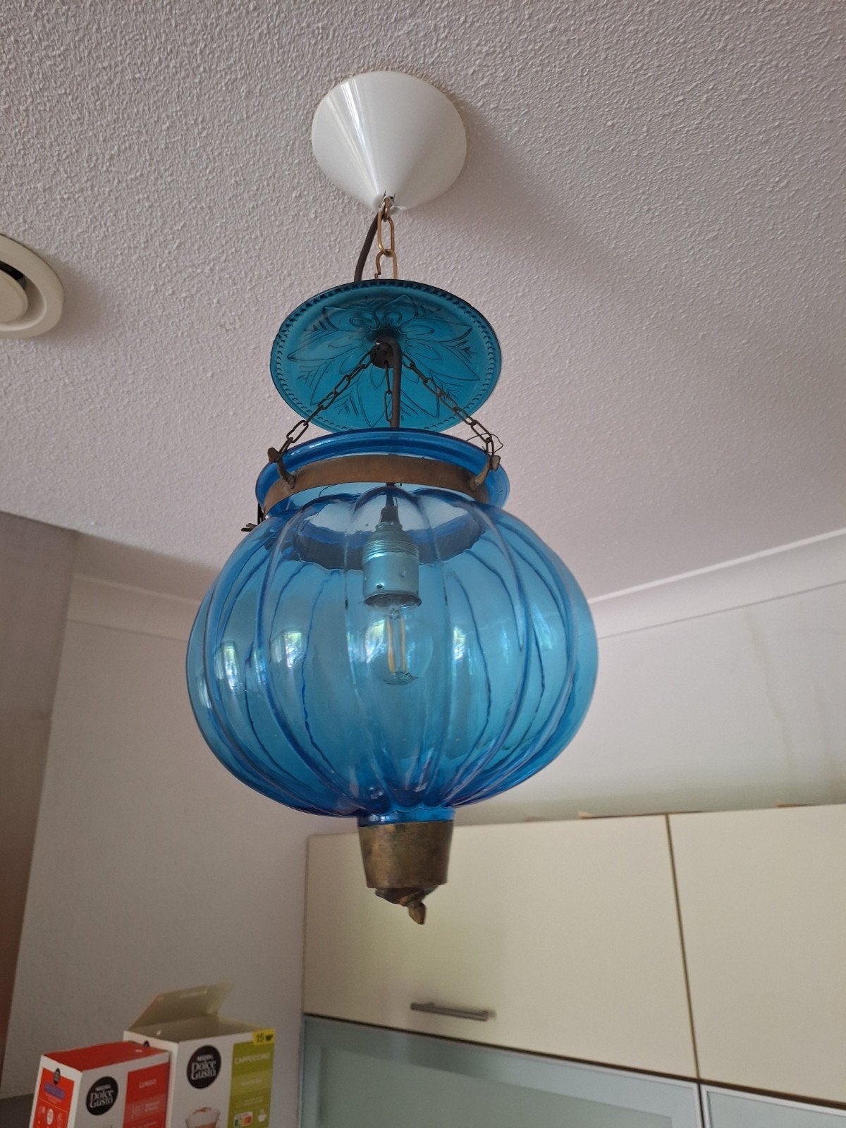 Vintage blauwe glazen hanglamp, Ophalen, Minder dan 50 cm, Gebruikt, Vintage, Retro