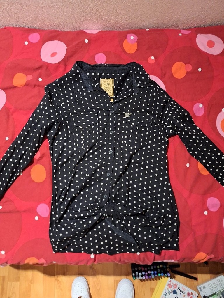 Maat L stippen blouse met lange mouwen, Ophalen of Verzenden, Gedragen, Zwart