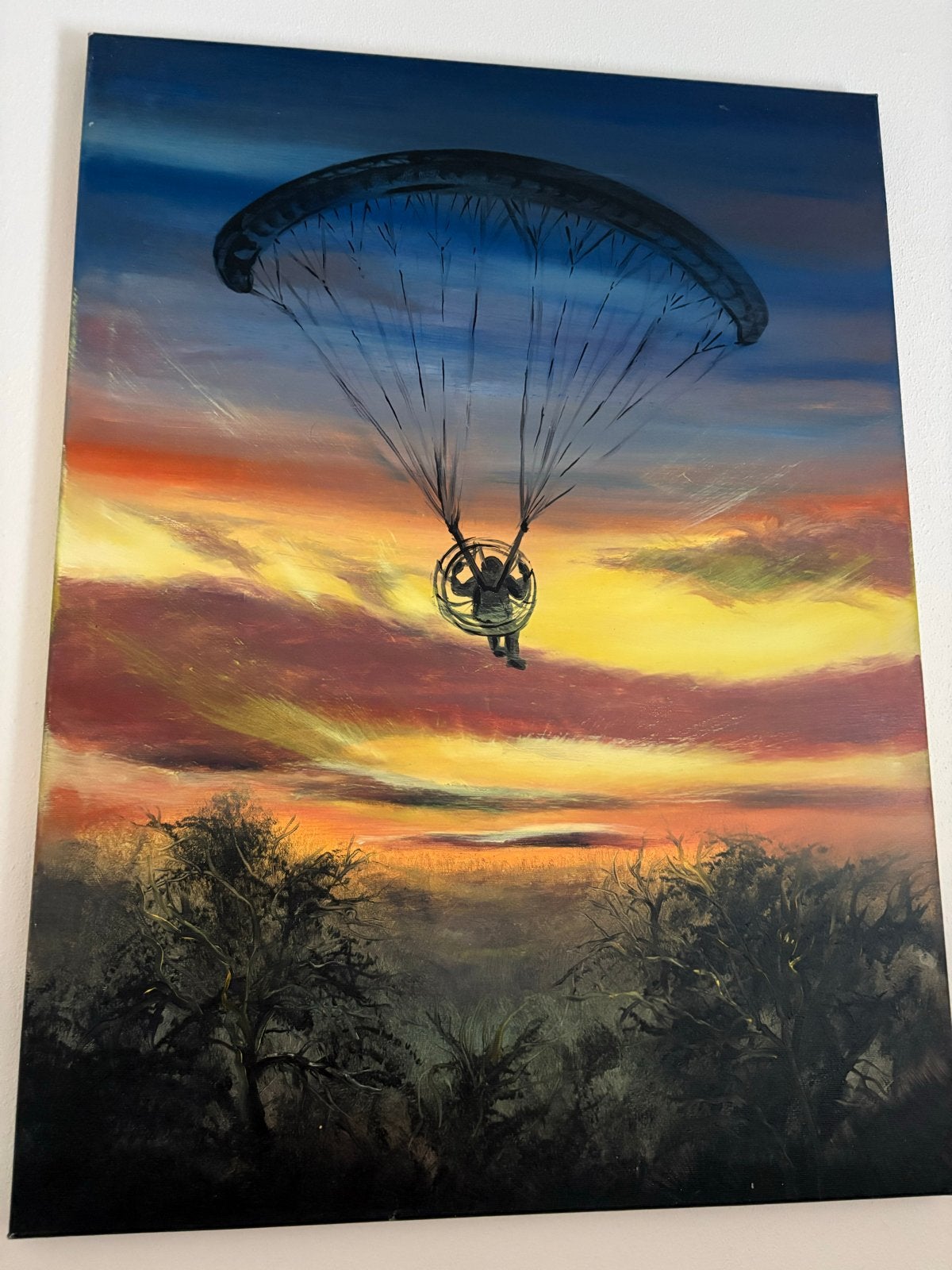 Schilderij paramotor zonsondergang 80x60cm, Ophalen, Overig onderwerp, Handgeschilderd, Olieverf