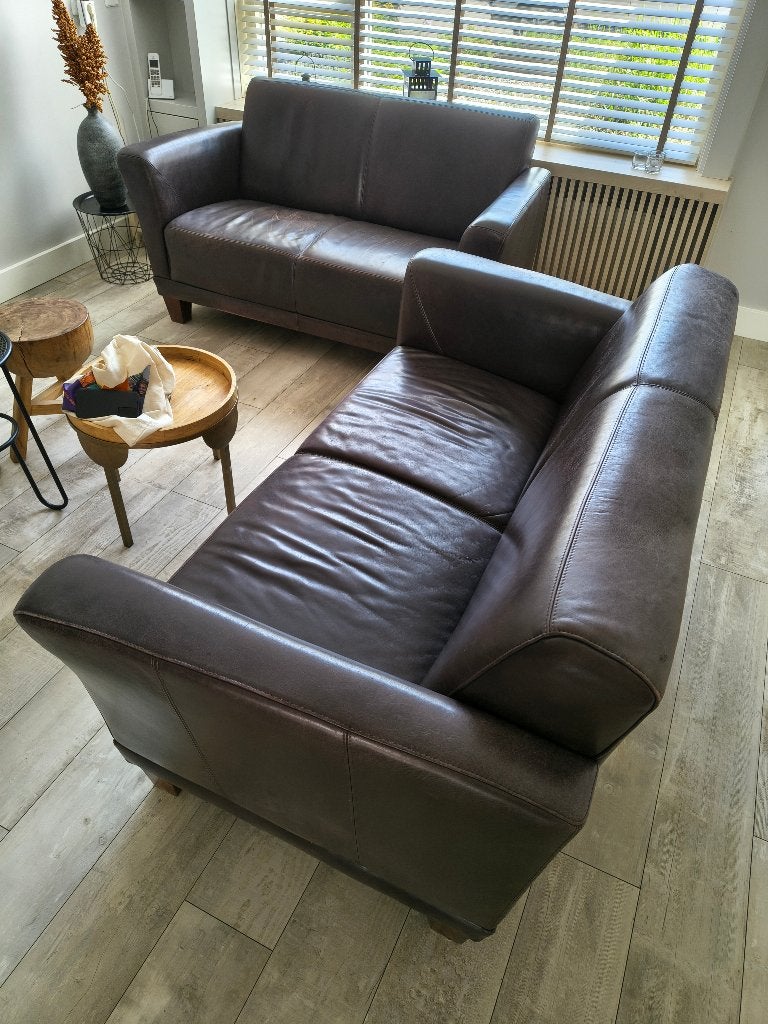 Bankstel bruin leer, Huis en Inrichting, Banken | Bankstellen, Ophalen, Gebruikt, 150 tot 200 cm, Tweepersoons