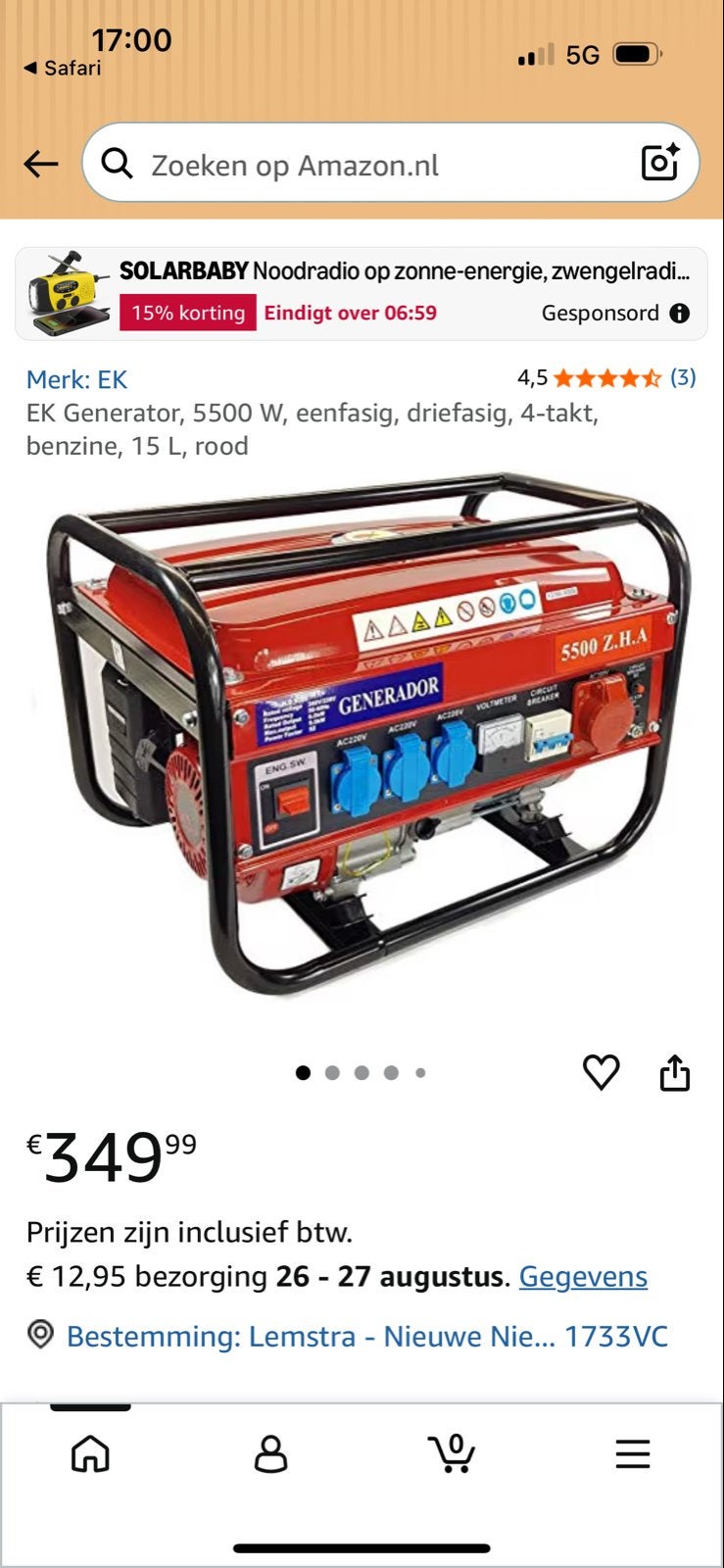 Nieuwe Benzine Generator HD5500 - Laatste van de partij!, Ophalen, Nieuw, 5 tot 10 kVA, Benzine