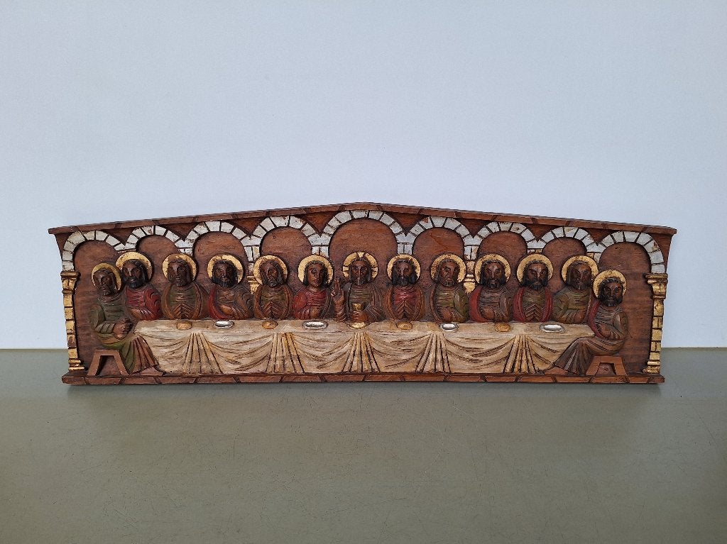 houtsnijwerk reliëf wand-paneel laatste avondmaal 80x24cm, Ophalen of Verzenden