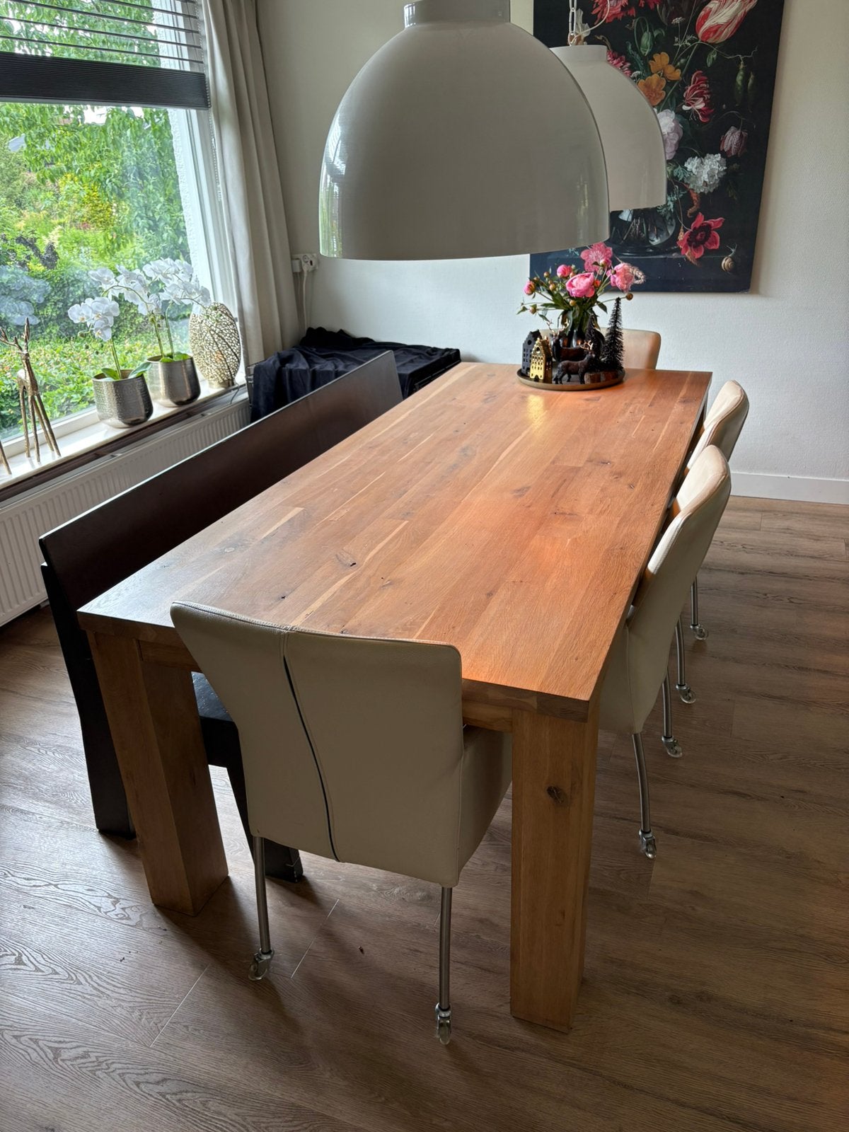 Eethoek van massief eikenhout met bank en 4 leren stoelen, Eikenhout, 200 cm of meer, Zo goed als nieuw, Rechthoekig