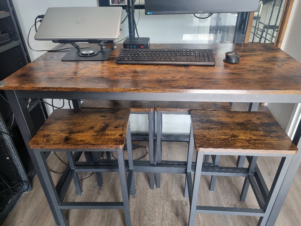 VASAGLE industriële bartafel 120x60 + 4 barkrukken, Ophalen, Met voetsteun, 60 tot 90 cm, 4 krukken