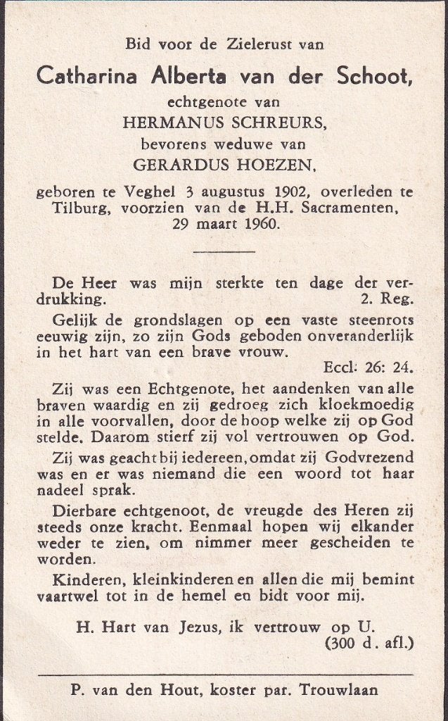 Schoot Catharina 1902 Veghel 1960 Tilburg, Verzamelen, Ophalen of Verzenden, Bidprentje