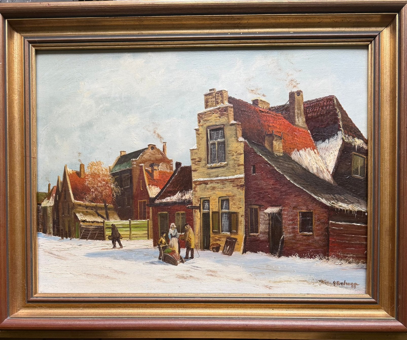 G. Verbruggen - winters stadsgezicht, Doek, Ophalen of Verzenden, Olieverf, Stads- / dorpsgezicht