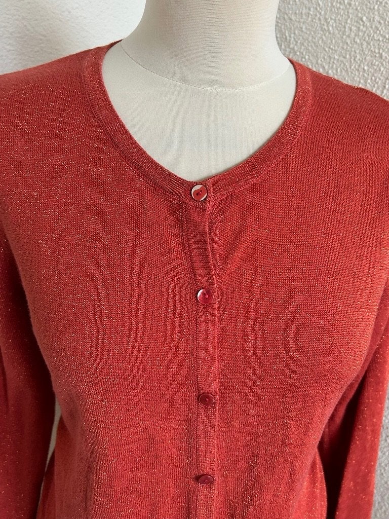 King Louie maat L roest rode glitter vest cardigan 2775, Maat 42/44 (L), Oranje, Ophalen of Verzenden, Zo goed als nieuw