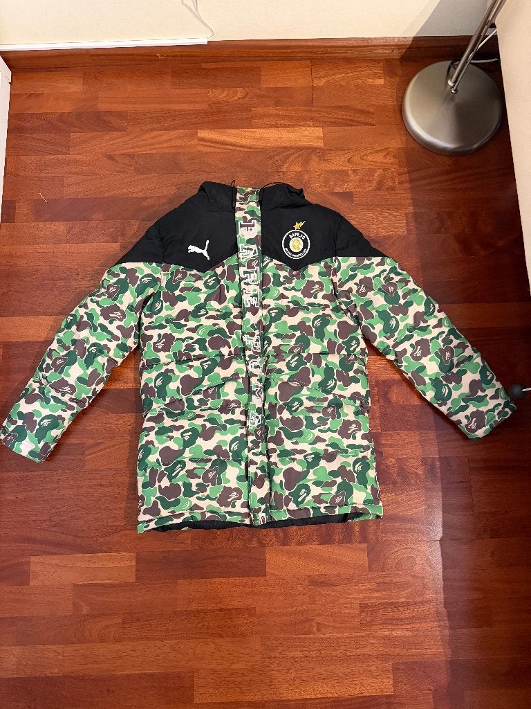 BAPE X Puma ABC Camo Long Down Puffer Jacket, Kleding | Heren, Jassen | Winter, Gedragen, Maat 52/54 (L), Groen, Ophalen of Verzenden