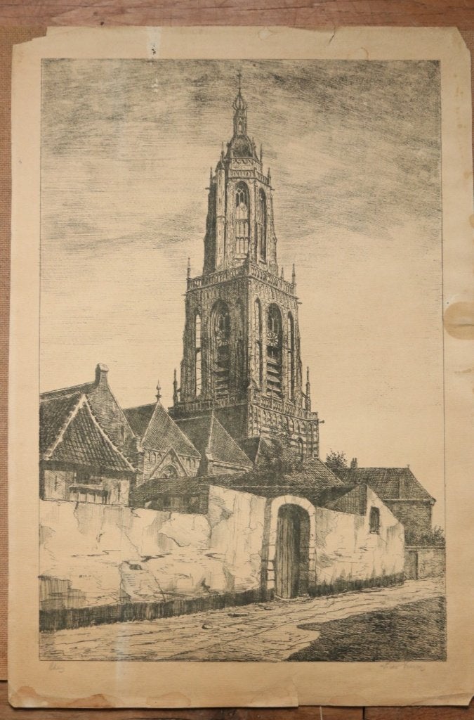 Ets Cunerakerk Rhenen - Cuneratoren, gesigneerd, Ophalen, Ets, Architectuur, Gesigneerd