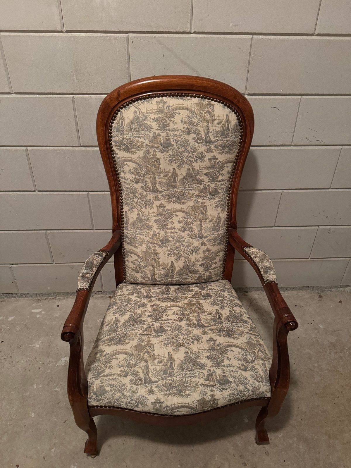 Antieke fauteuil met Toile de Jouy bekleding, Ophalen