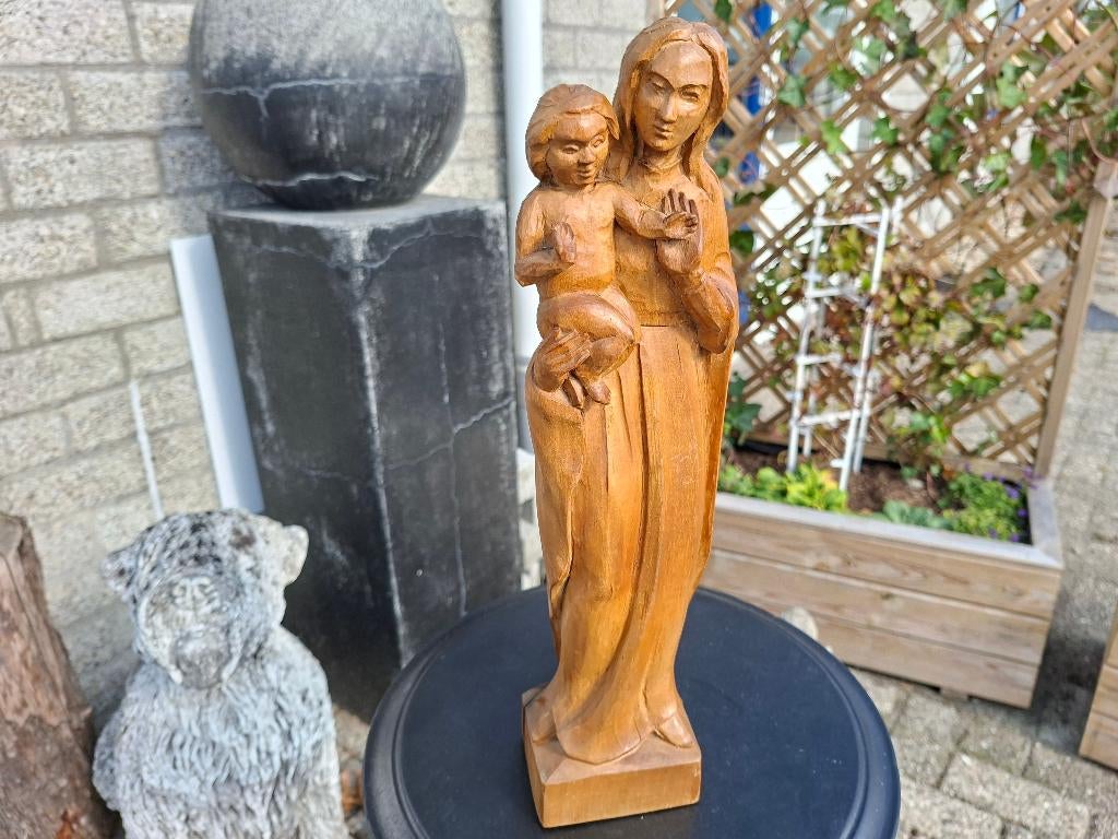 antiek handgemaakt houten maria beeld met baby christus, Antiek en Kunst, Ophalen of Verzenden