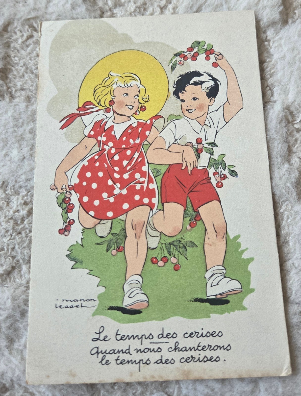Vintage Franse Ansichtkaart - Le temps des cerises (1949), Verzenden, 1940 tot 1960, Gelopen, Kinderen