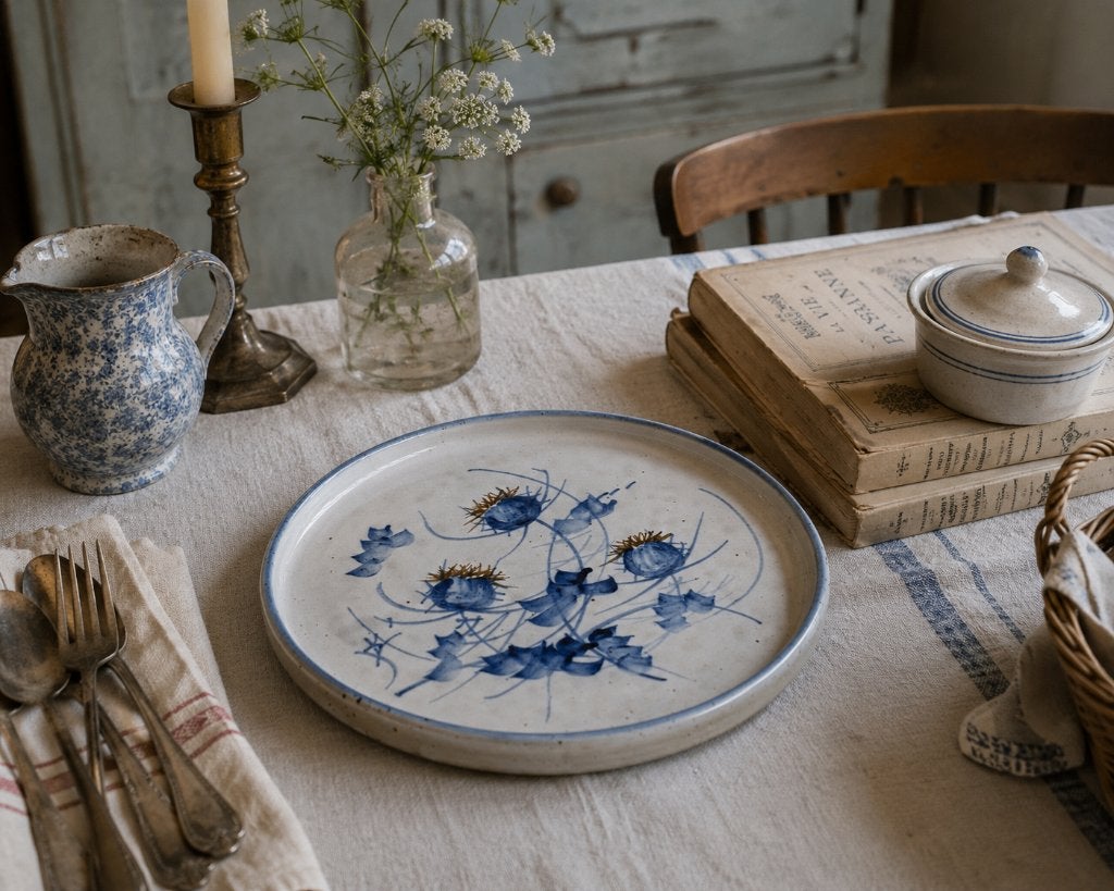 Frans vintage keramiek bord handbeschilderd blauwe distels, Ophalen of Verzenden