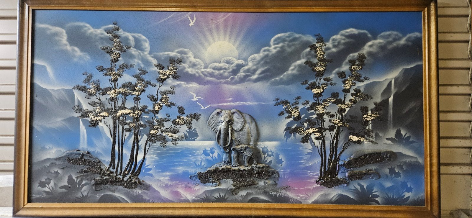 Schilderij met olifanten en landschap, 3D-effect, Ingelijst, Doek, Realistisch, Dieren