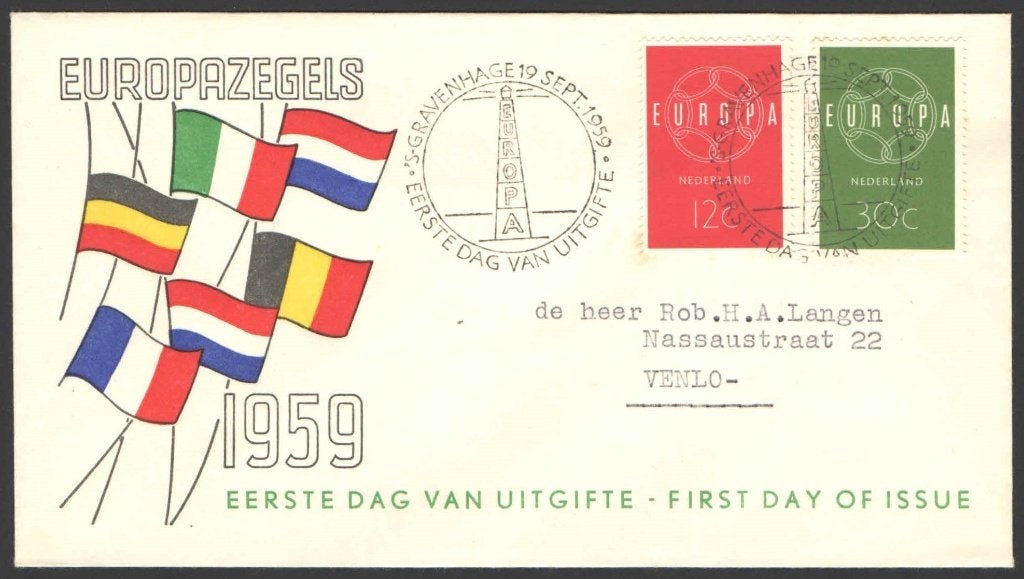 Nederland FDC E39 Met adres, Europazegels 1959, Postzegels en Munten, Postzegels | Eerstedagenveloppen, Ophalen of Verzenden, Beschreven