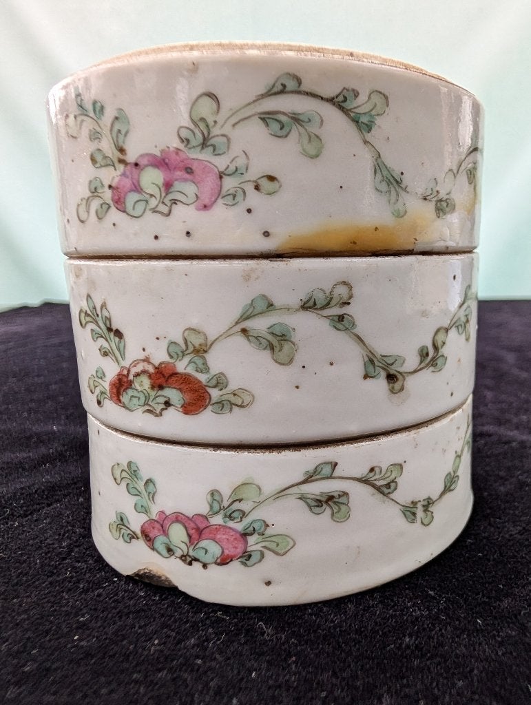 3 Antiek Chinees porselein Famille Rose stapelbakje pettipan, Antiek en Kunst, Ophalen of Verzenden