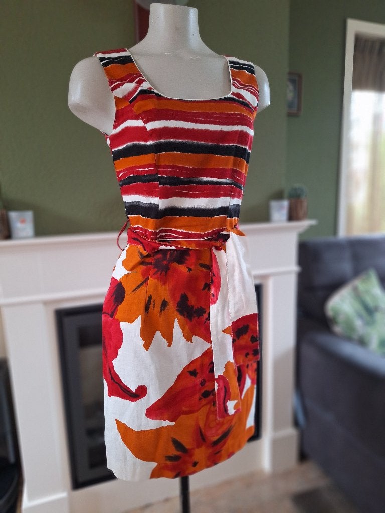 Sandro Ferrone rood oranje crème jurk NL 36 IT 42, Kleding | Dames, Jurken, Verzenden, Zo goed als nieuw, Knielengte, Rood