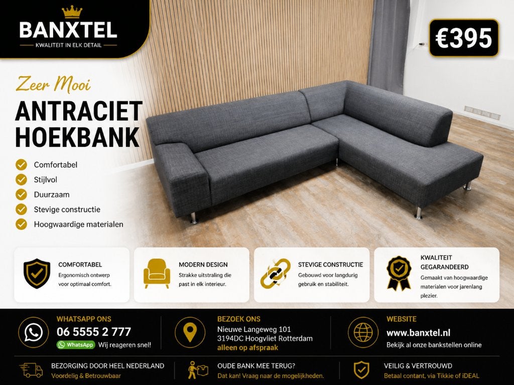 Zeer Mooi Moderne Antraciet Hoekbank, Info@banxtel.nl, Verzenden, Hoekbank, Hoekbank