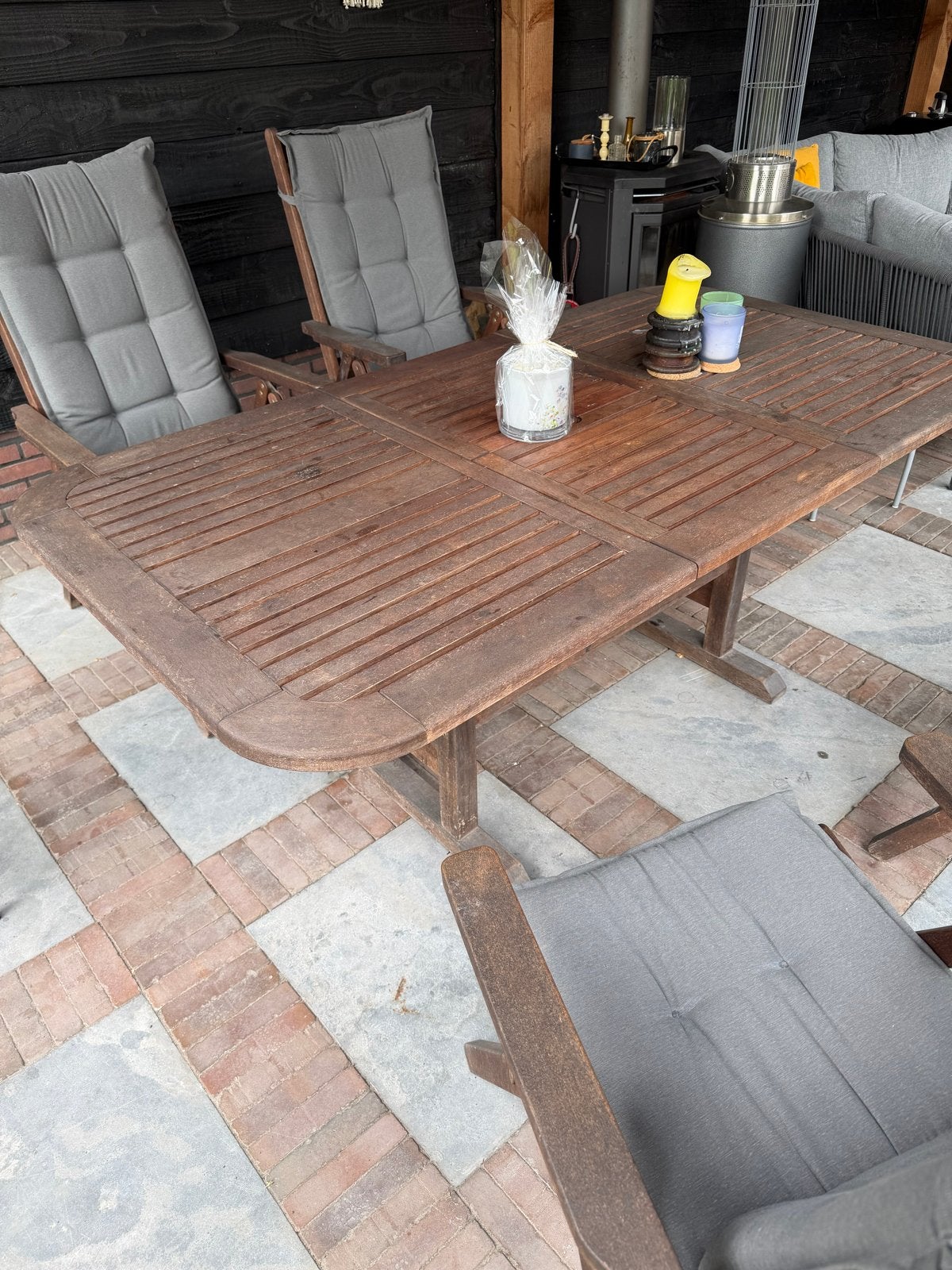Teakhouten tuinset met uitschuifbare tafel en stoelen, Ophalen, 4 zitplaatsen, Gebruikt, Eettafel