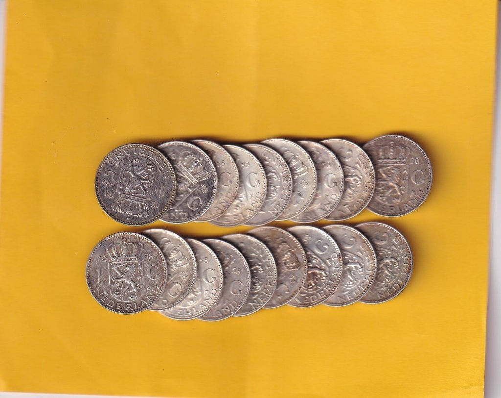 18 Koningin Julian Guldens 1958 met Patina Divers, 1 gulden, Koningin Juliana, Setje, Zilver