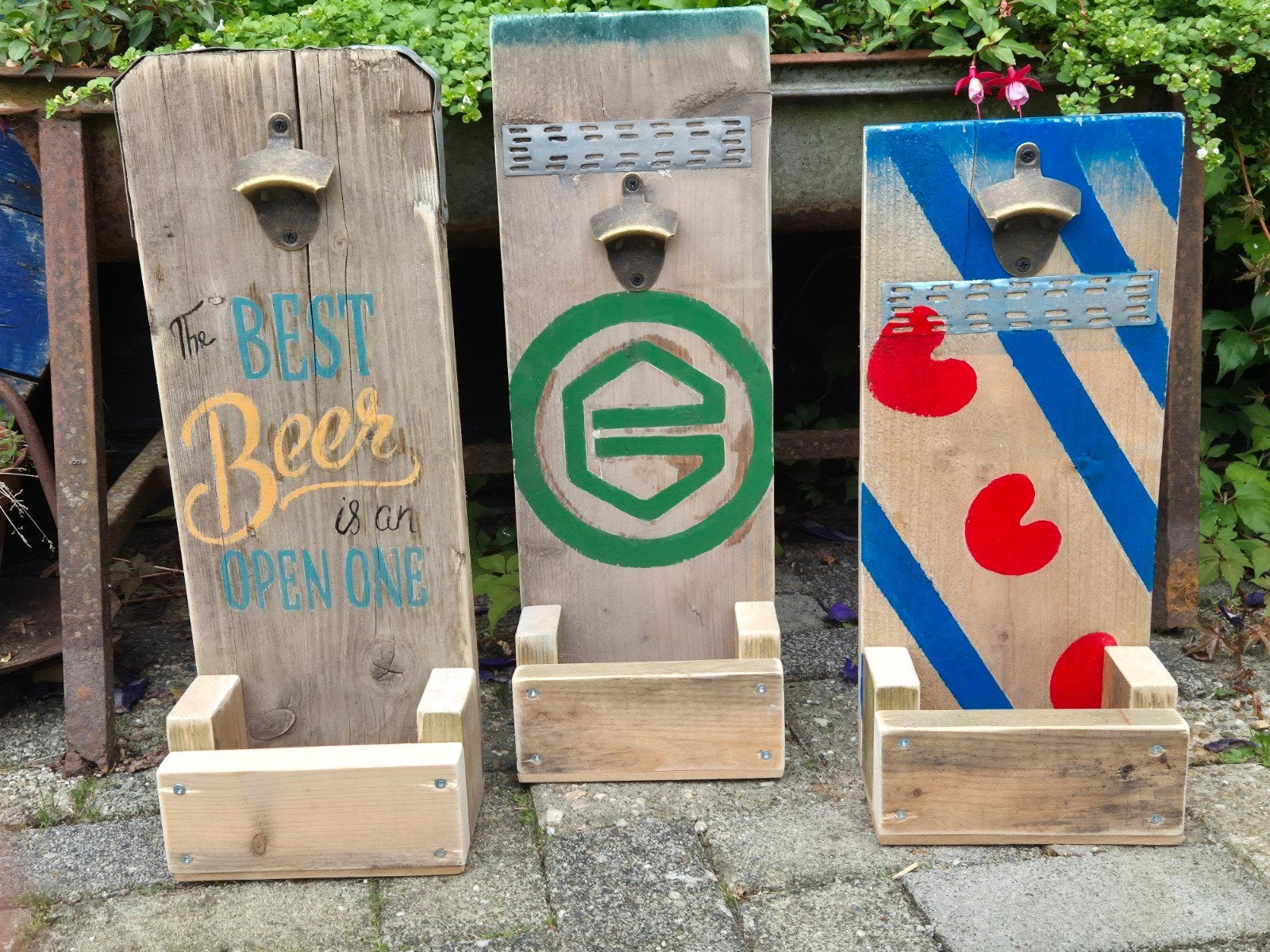 Unieke houten flesopeners met opvangbakje, Gebruikt, Meerkleurig, Ophalen of Verzenden, Vintage