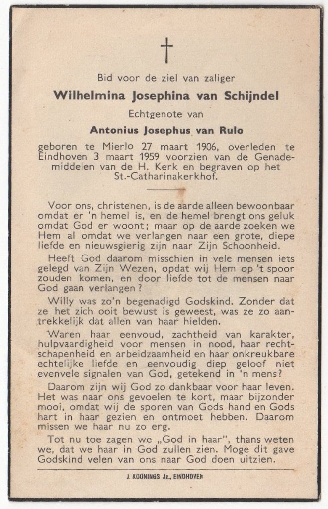 Wilhelmina van Schijndel 1906 Mierlo + 1959 Eindhoven, 52 jr, Verzamelen, Bidprentjes en Rouwkaarten, Verzenden