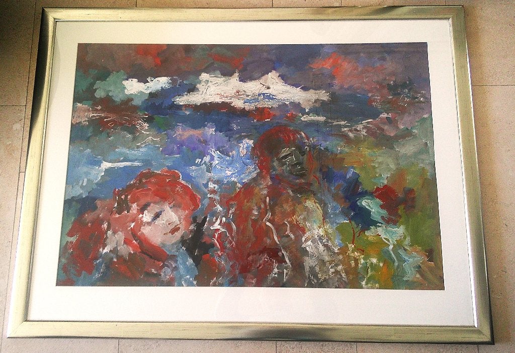 2 figuren in abstract landschap - Jelle Hoogstra 1924-2003, Ophalen, Gouache, Portret of Personen, Expressionistisch