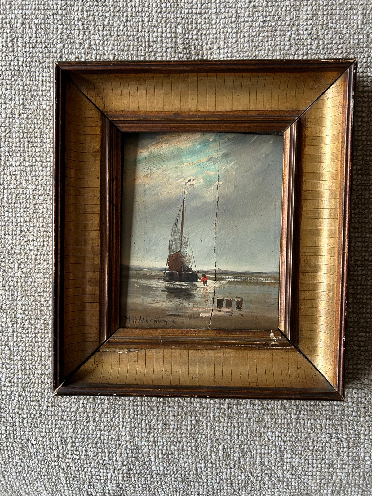 Oud Hollands schilderij: Maritiem tafereel met zeilboot, Antiek en Kunst, Oud hollands, Ophalen of Verzenden, Olieverf, Ingelijst