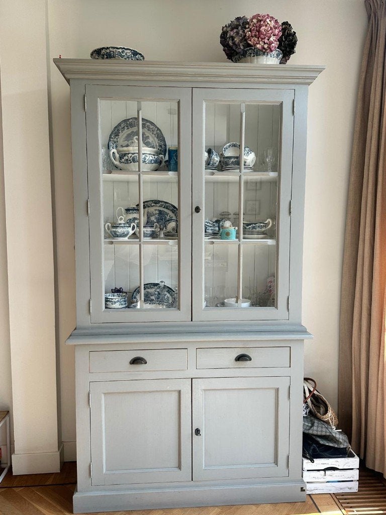 Vintage Look Vitrine Kast  - Grijs, Ophalen, Gebruikt, Landelijk, broccante, modern, 25 tot 50 cm