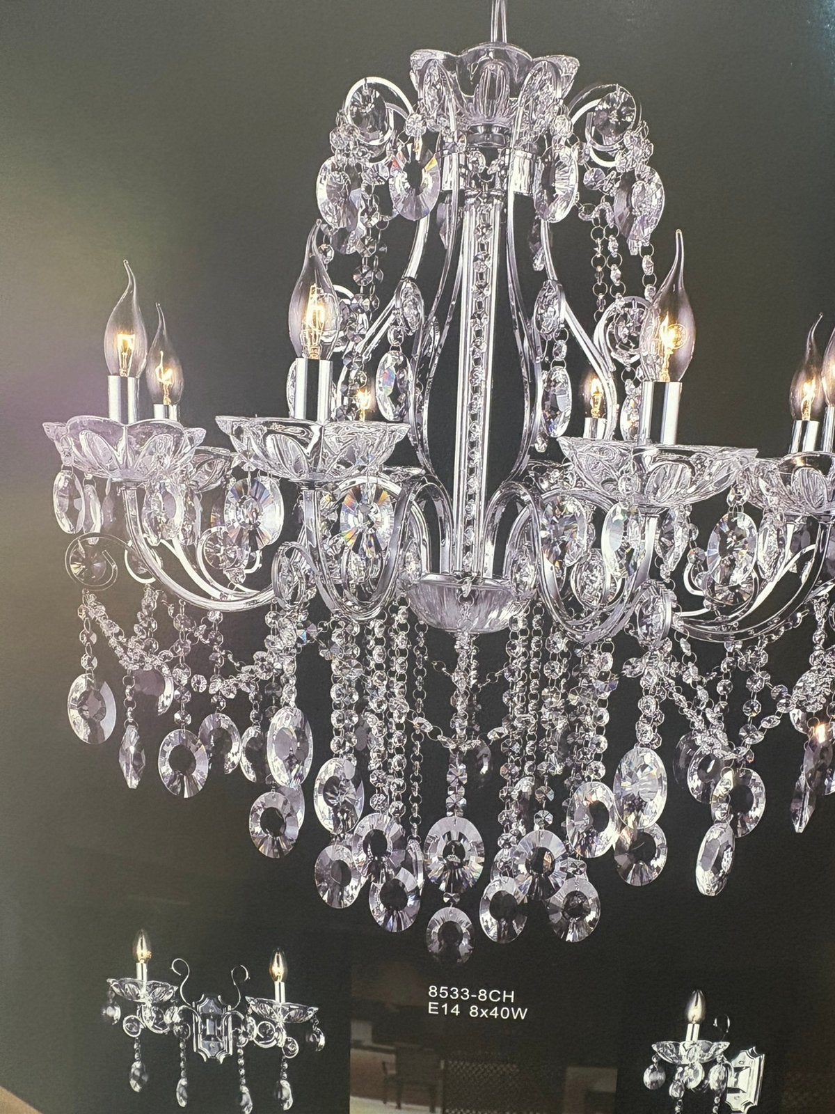 8 lichts hanglamp nieuw zilver kroonluchter zakkroon, Glas, E14 (klein), Nieuw, Ophalen of Verzenden