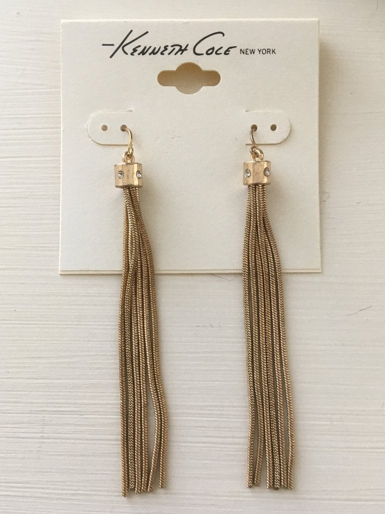 Kenneth Cole goudkleurige lange strass hang oorbellen, Overige materialen, Hangers, Nieuw, Ophalen of Verzenden