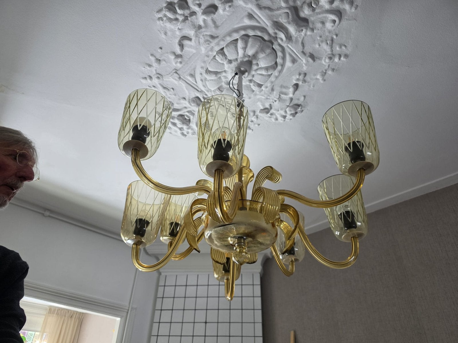 Murano kroonluchter. Glas. Kleur geel., Ophalen, Gebruikt, Glas, E27 (groot)