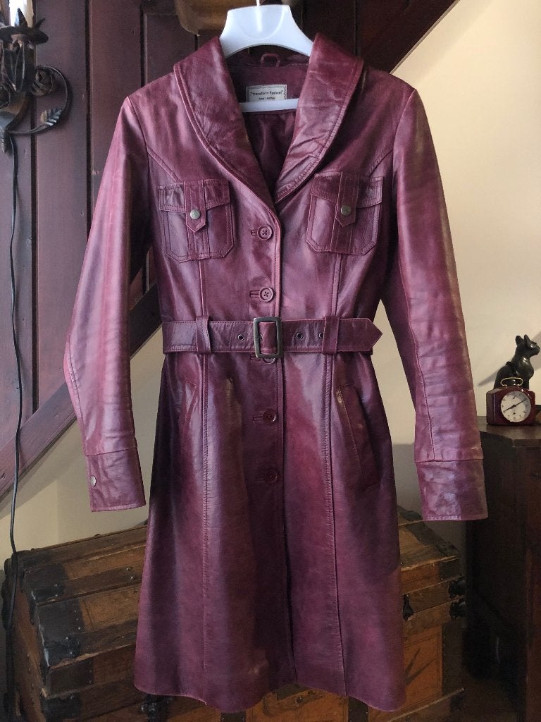 Vintage middellange leren jas bordeaux rood S, Transform Fashion, Ophalen of Verzenden, Zo goed als nieuw, Maat 36 (S)